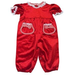 Vintage Evy Red Velvet Baby Romper Candy Stripe Infant Holiday Outfit Lace Sz 3M